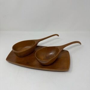 Vintage Hand Carved Haiti Mahogany Wood Serving Set Tray & 2 Scoops MCM Artisian